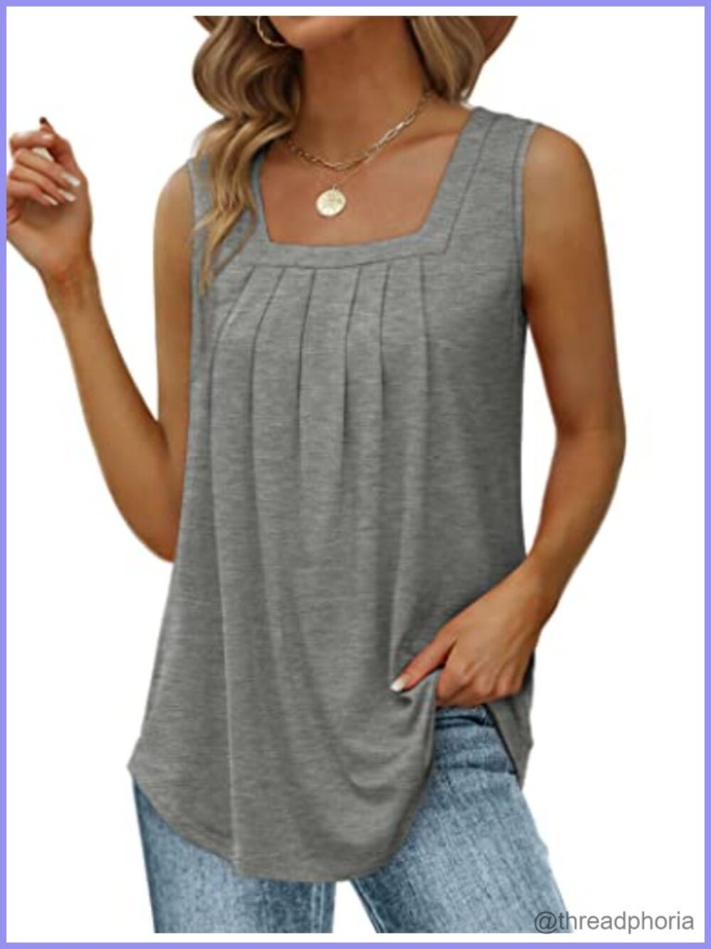 Saloogoe Women's Loose Fit Pleated Square Neck Sleeveless Tank Top